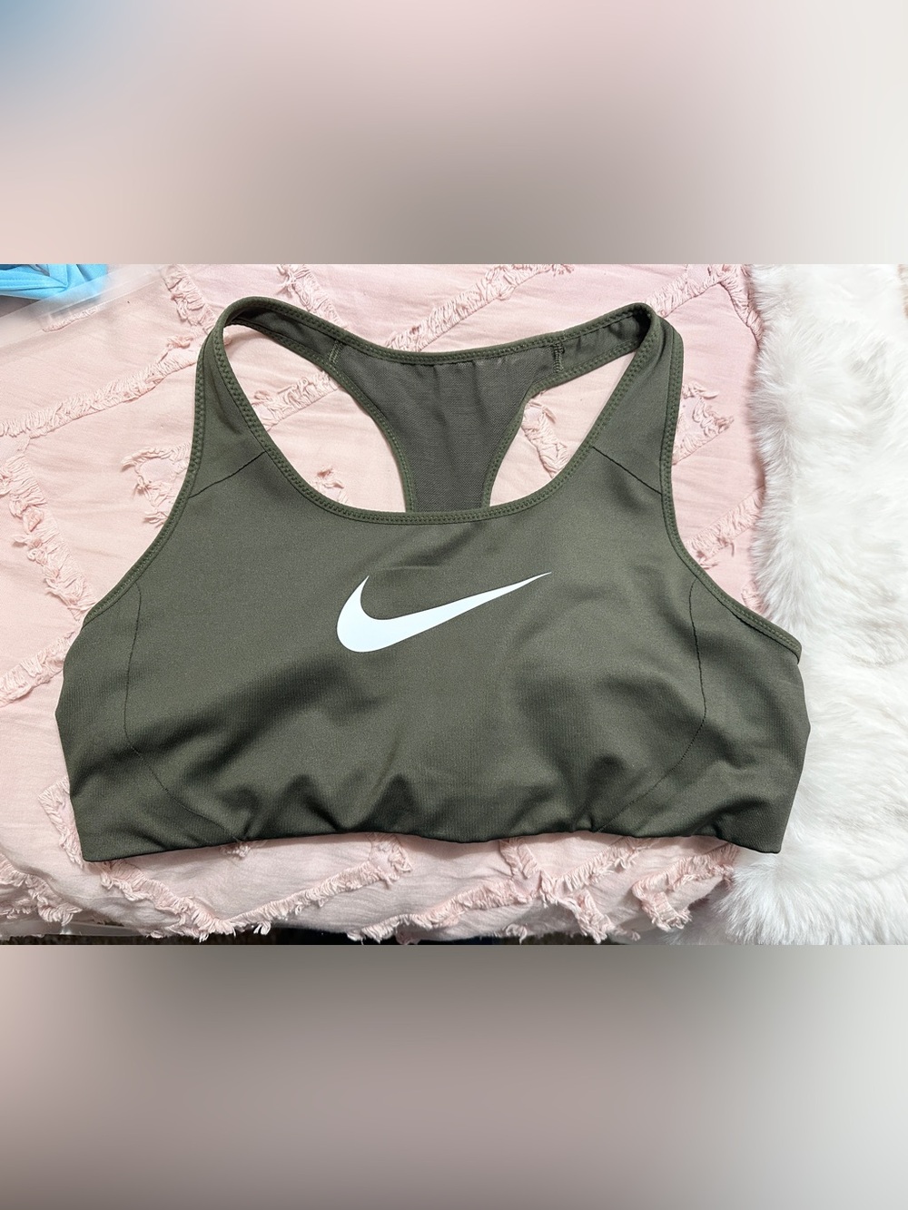Nike Olive Green Sports Bra with White Swoosh - Racerback